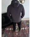 Üç İplik Kapşonlu Baskılı SweatShirt - Füme