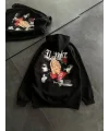 Üç İplik Penye Uzun Kol Kapşonlu Baskılı SweatShirt - Siyah