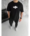 Unisex Bisiklet Yaka Baskılı Double Oversize T-Shirt - Siyah