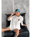 Unisex Bisiklet Yaka Baskılı Oversize T-Shirt - Beyaz