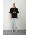 Unisex Bisiklet Yaka Baskılı Oversize T-Shirt - Siyah