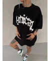 Unisex Bisiklet Yaka Baskılı Oversize T-Shirt - Siyah