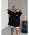 Unisex Bisiklet Yaka Baskılı Oversize T-Shirt - Siyah