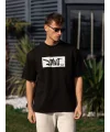 Unisex Bisiklet Yaka Baskılı Oversize T-Shirt - Siyah