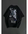 Unisex Bisiklet Yaka Baskılı Oversize T-Shirt - Siyah