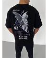 Unisex Bisiklet Yaka Baskılı Oversize T-Shirt - Siyah