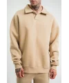 Unisex Double Oversize Patlı Yaka SweatShirt - Bej