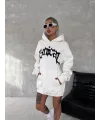 Unisex Üç İplik Kapüşonlu Baskılı SweatShirt - Beyaz