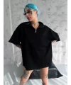 Unisex Yarım Fermuarlı Basic T-Shirt - Siyah
