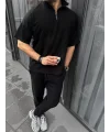 Unisex Yarım Fermuarlı Basic T-Shirt - Siyah
