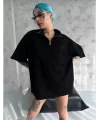 Unisex Yarım Fermuarlı Düz Oversize T-Shirt - Siyah