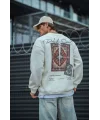 Uzun Kol Bisiklet Yaka Baskılı SweatShirt - Beyaz