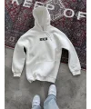 Uzun Kol Kapüşonlu Göğüs Baskılı SweatShirt - Beyaz