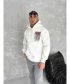 Uzun Kol Kapüşonlu Ön Ve Arka Baskılı SweatShirt - Beyaz