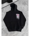 Uzun Kol Kapüşonlu Ön Ve Arka Baskılı SweatShirt - Siyah