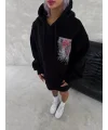 Uzun Kol Kapüşonlu Ön Ve Arka Baskılı SweatShirt - Siyah