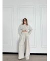 Uzun Kollu Önü İp Büzgülü Crop ve Pantolon İkili Takım - Gri