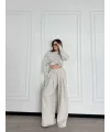 Uzun Kollu Önü İp Büzgülü Crop ve Pantolon İkili Takım - Gri