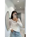 V Yaka uzun Kollu Triko ince Bluz - Beyaz