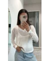 V Yaka uzun Kollu Triko ince Bluz - Beyaz