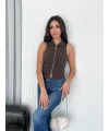 Yakalı Tam Fermuarlı Kolsuz Bluz - Kahverengi