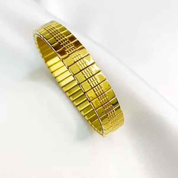 Çelik Şeritli Lastikli Bileklik Gold