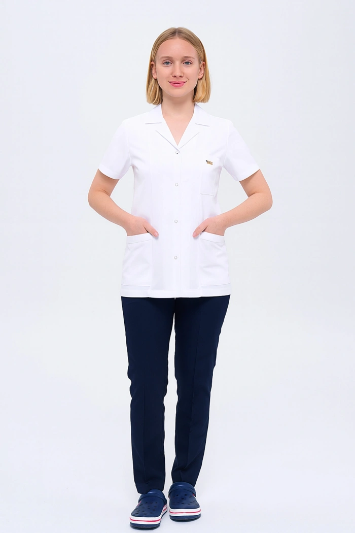 Kadın Gömlek Yaka Ceket Boy Kısa Kollu Doktor - Öğretmen Önlüğü