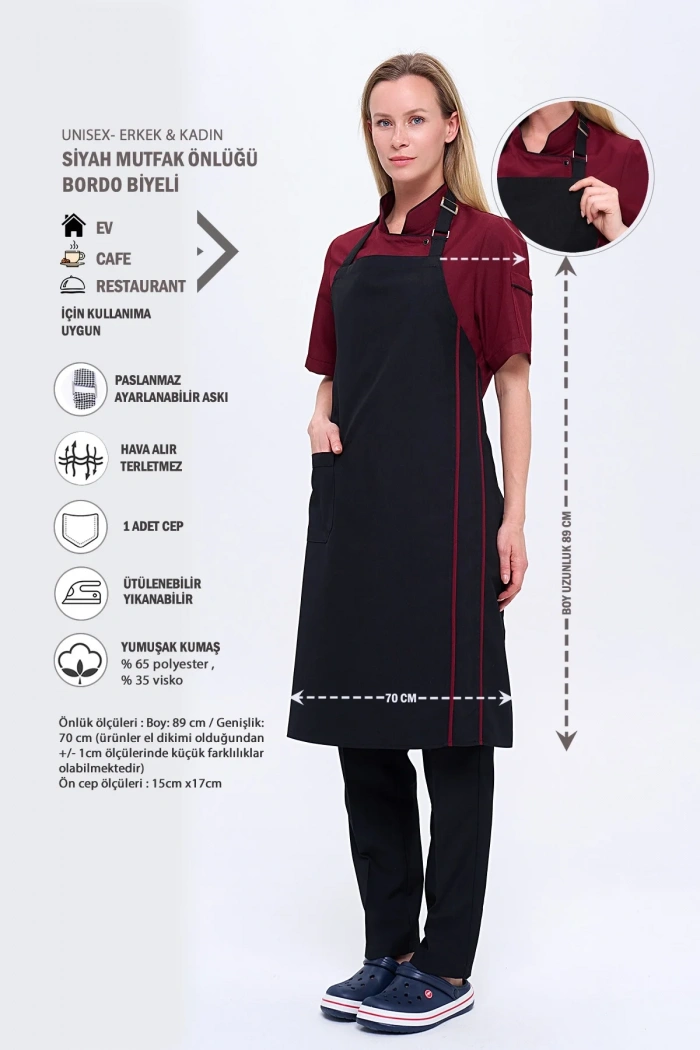 Siyah - Bordo Biyeli Askılı Aşçı Önlük