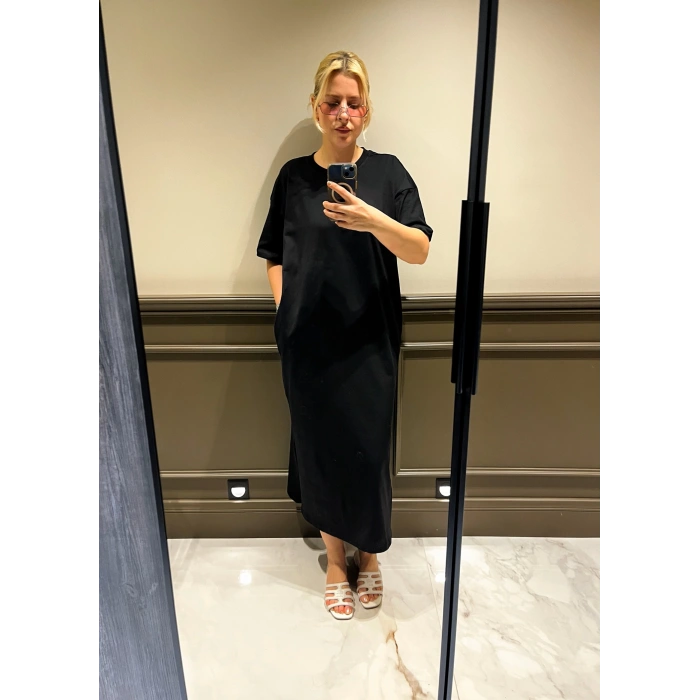 Siyah Yandan Cepli Elbise