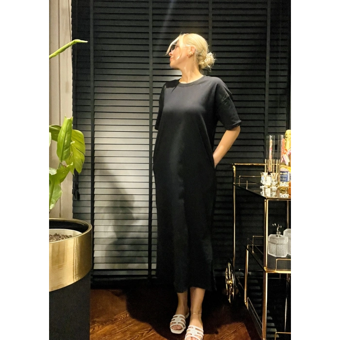 Siyah Yandan Cepli Elbise