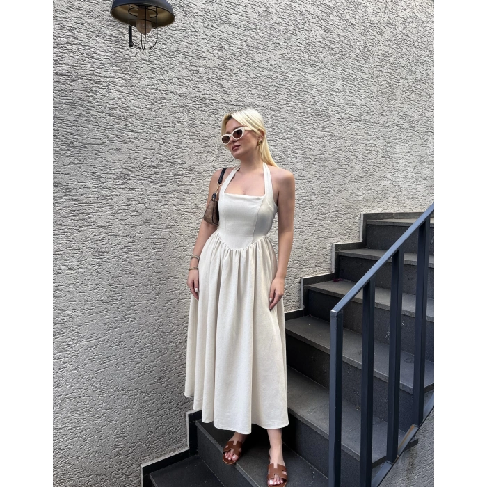 Bej Boyundan Bağlı Keten Elbise
