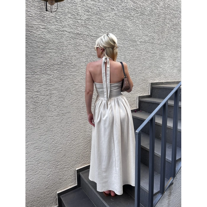 Bej Boyundan Bağlı Keten Elbise