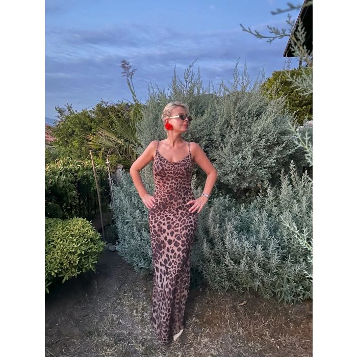 Leoparlı Tül Uzun Elbise