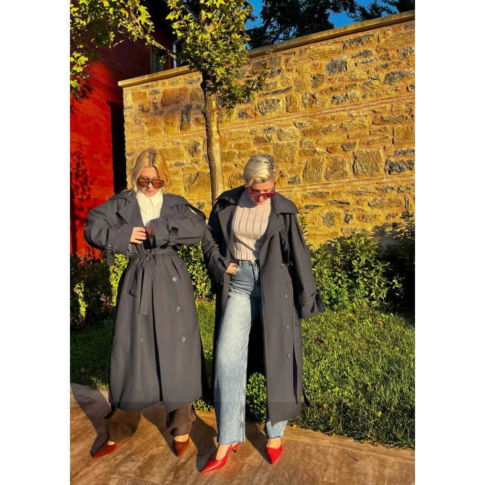 Apoletli Lacivert Çizgili Premium Trençkot