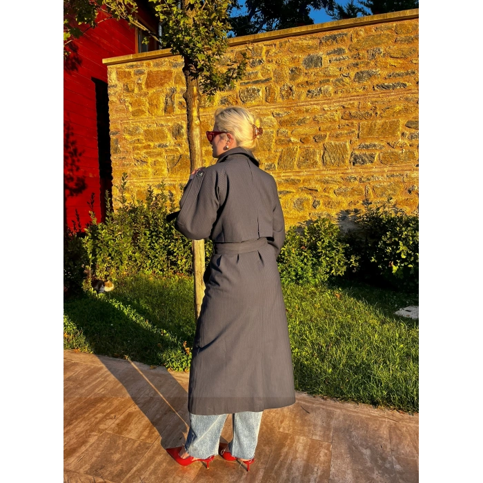 Apoletli Lacivert Çizgili Premium Trençkot