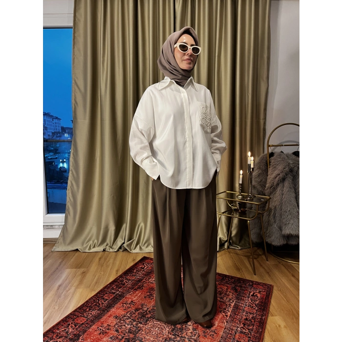 Nakışlı Ekru Gömlek