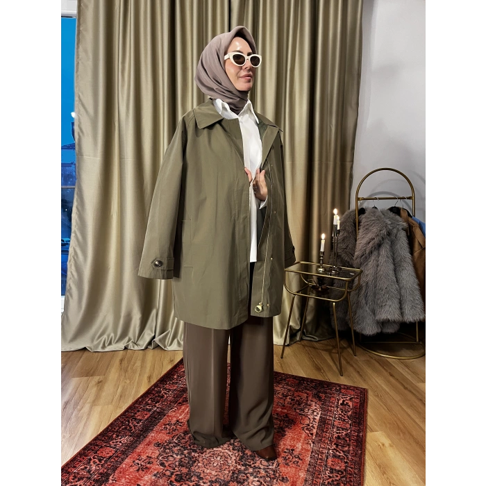 Ekose Yaka Premium Haki Trençkot