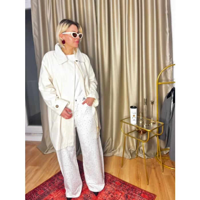 Ekose Yaka Premium Ekru Trençkot