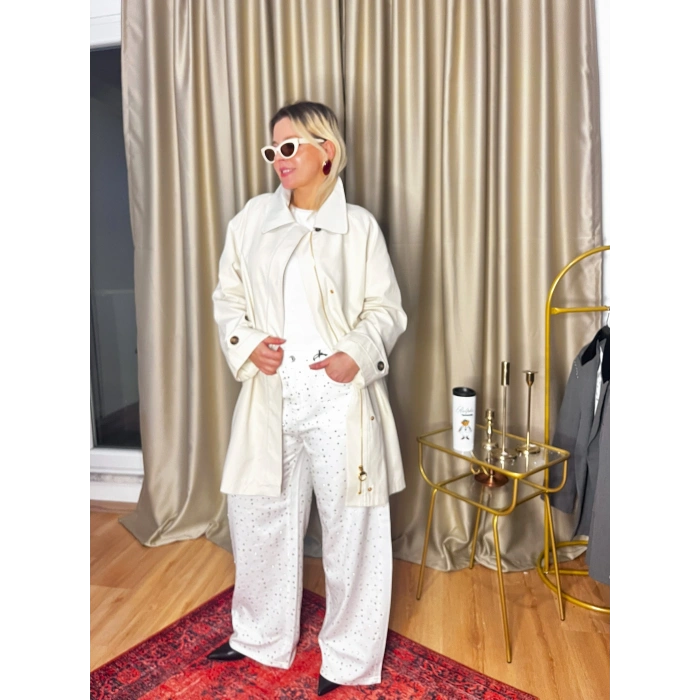 Ekose Yaka Premium Ekru Trençkot