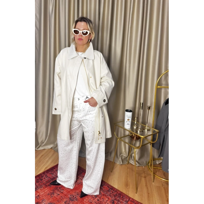 Ekose Yaka Premium Ekru Trençkot