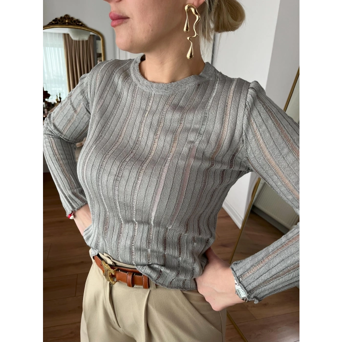 Gri Şerit Çizgili Triko