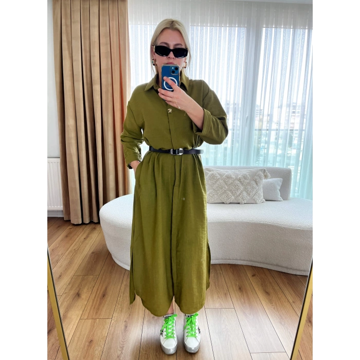 Haki Altın Düğmeli, Kemerli, Cepli Elbise