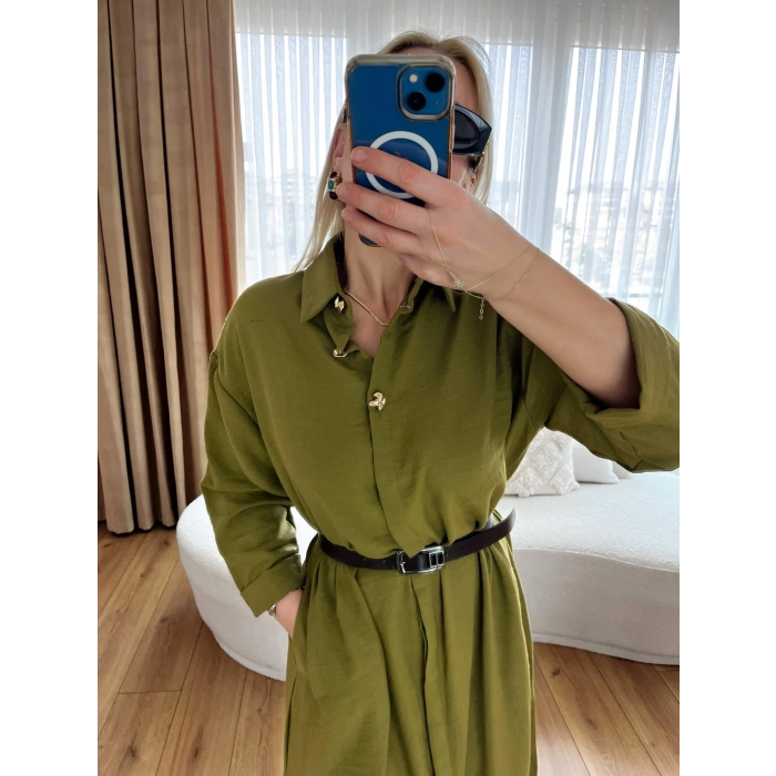 Haki Altın Düğmeli, Kemerli, Cepli Elbise