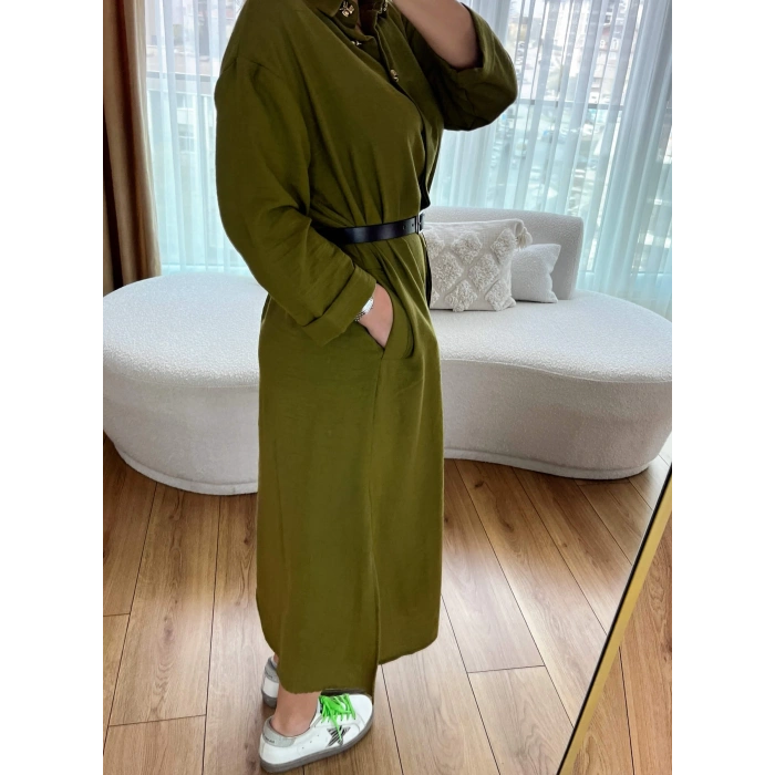 Haki Altın Düğmeli, Kemerli, Cepli Elbise