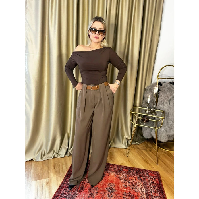 Kemerli Krep Haki Palazzo