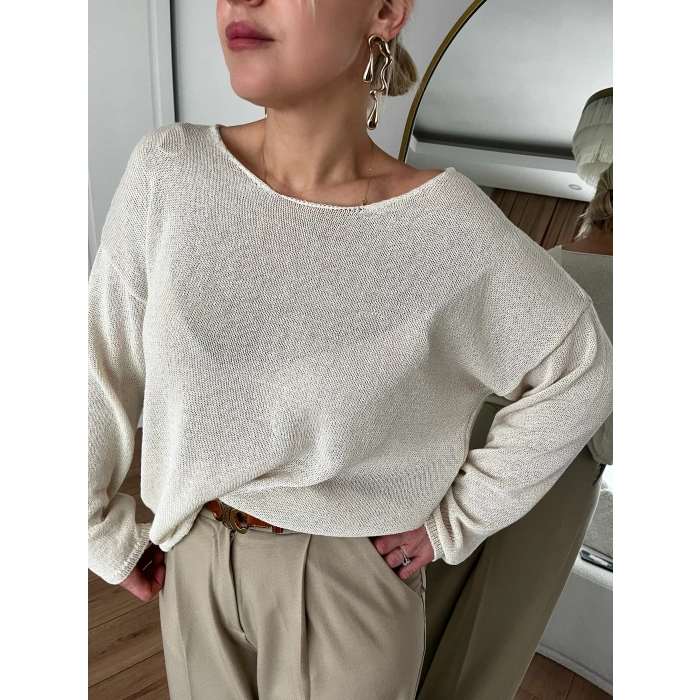 Kendinden Yakalı Düz Kazak | Krem - Kahverengi