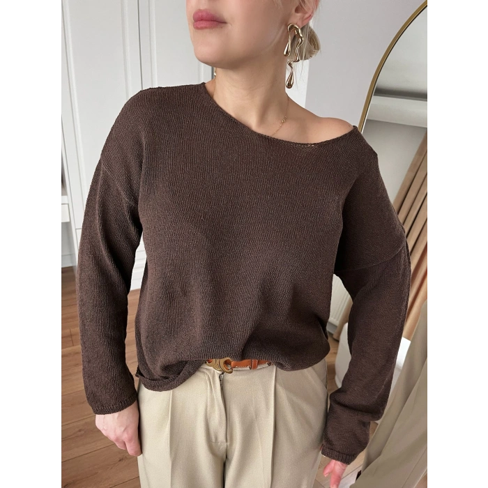 Kendinden Yakalı Düz Kazak | Krem - Kahverengi