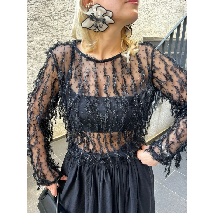 Saç Örgü Siyah Puantiyeli Şık Bluz