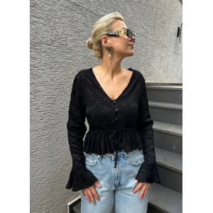 Siyah V Yaka Fırfırlı Blüz