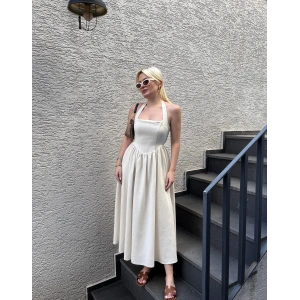 Bej Boyundan Bağlı Keten Elbise